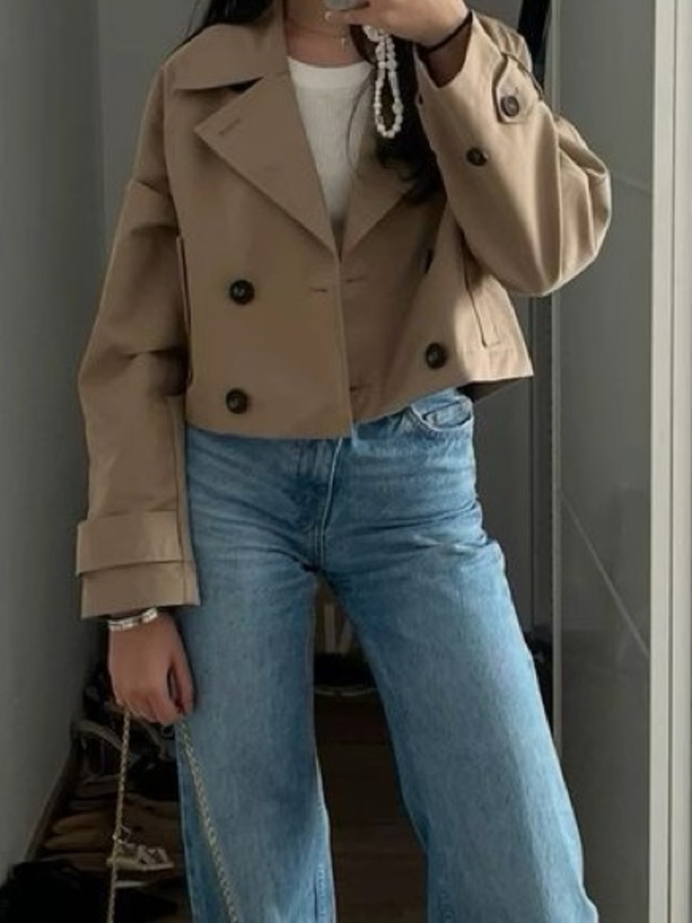 Zara Cropped Tan Double-Breasted Trench Coat